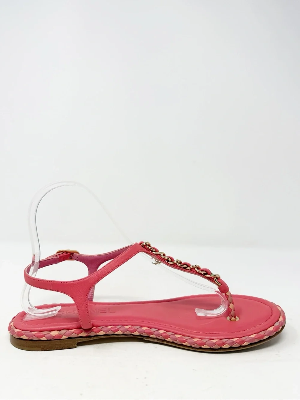 Chanel Chain CC Thong Flat Sandals Pink Womens Size EU 38